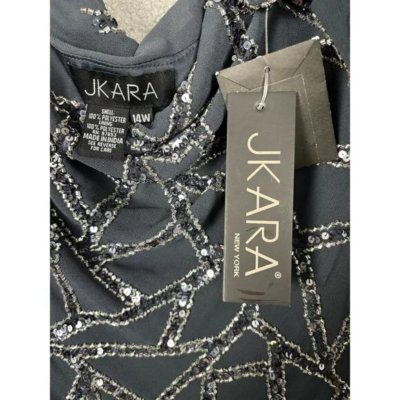 Jkara Women's Plus Size Grey Beaded Cowl Neck Gown With Sequin Overlay 14W NWT's - Picture 7 of 8